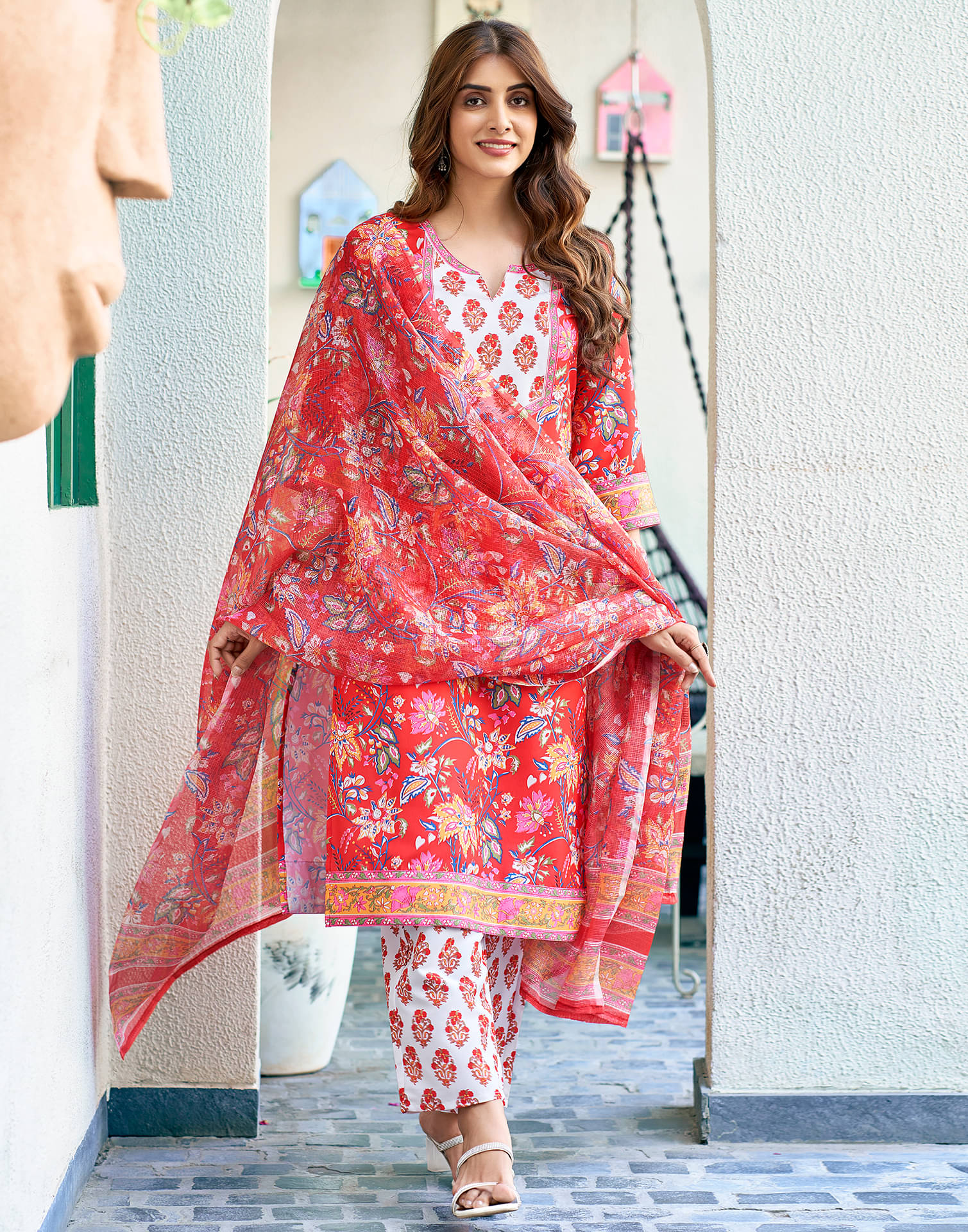     			Skylee Rayon Printed Kurti With Pants Women's Stitched Salwar Suit - Red ( Pack of 1 )