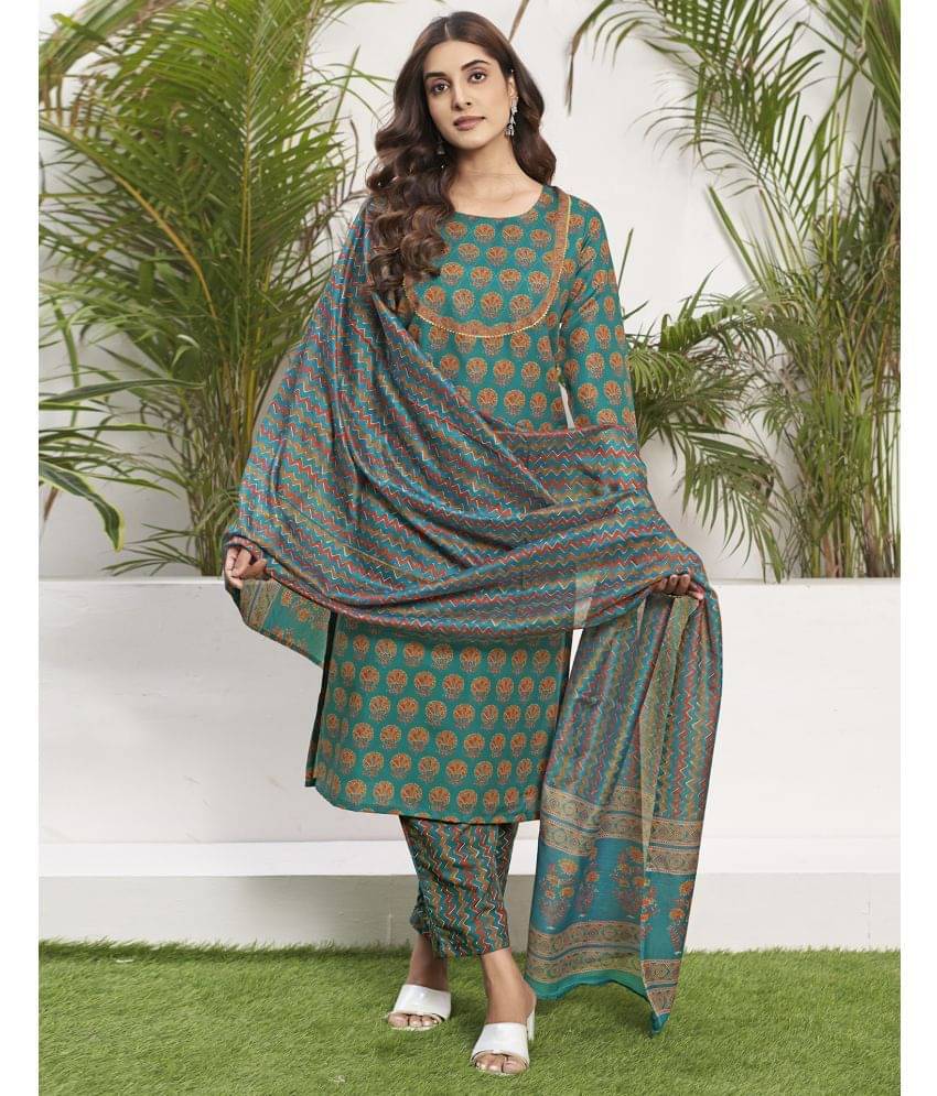     			Skylee Rayon Printed Kurti With Pants Women's Stitched Salwar Suit - Teal ( Pack of 1 )