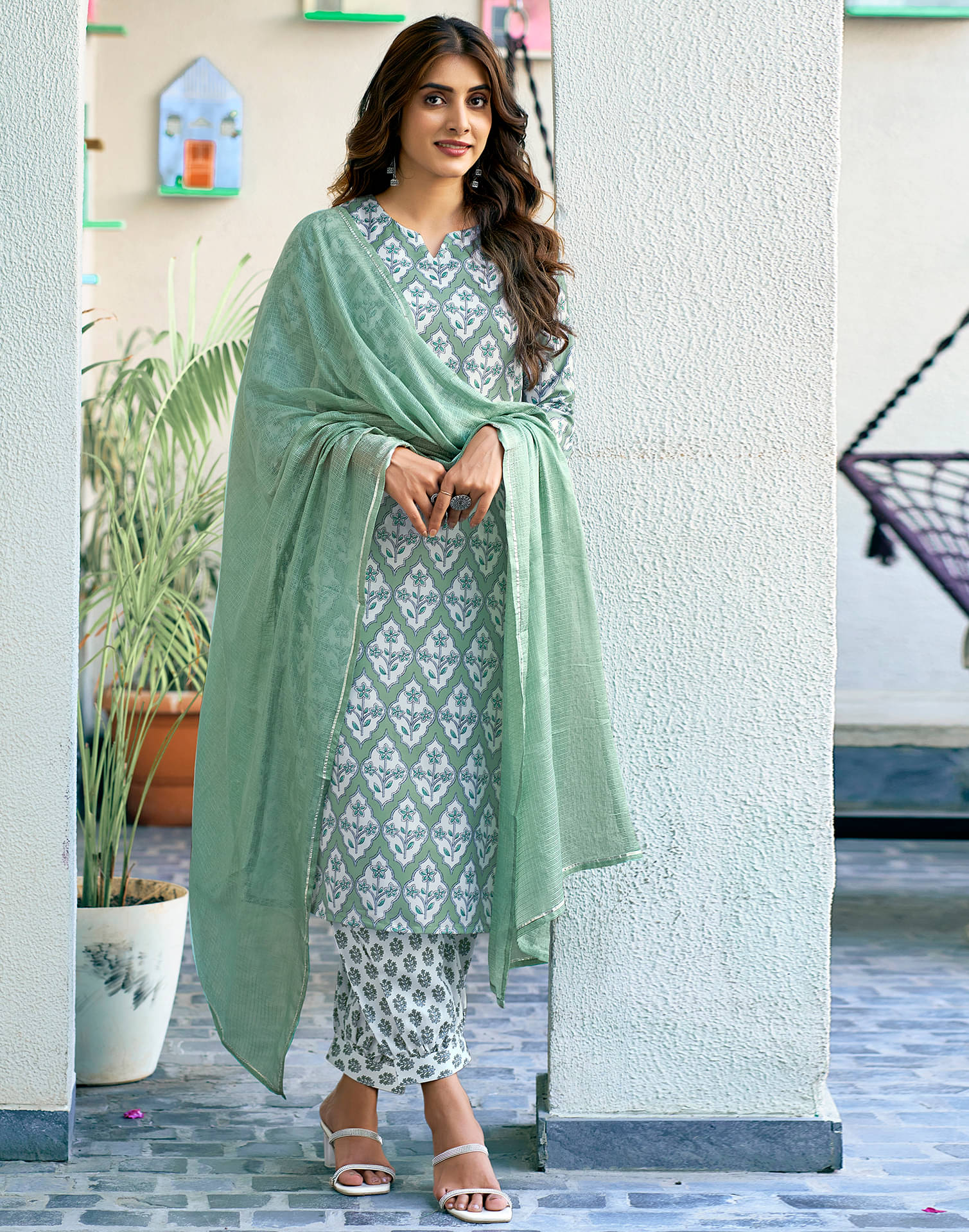     			Skylee Rayon Printed Kurti With Salwar Women's Stitched Salwar Suit - Mint Green ( Pack of 1 )