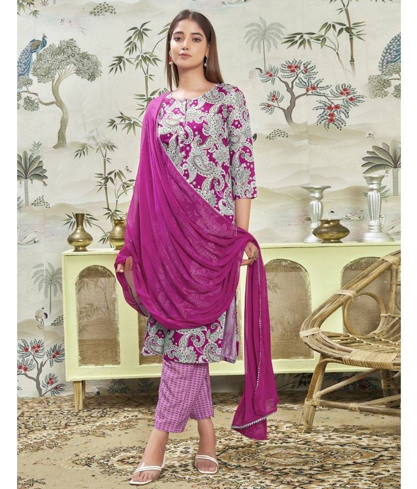 Skylee Rayon Printed Kurti With Pants Women's Stitched Salwar Suit - Magenta ( Pack of 1 ) Skylee Rayon Printed Kurti With Pants Women's Stitched Salwar Suit - Magenta ( Pack of 1 )