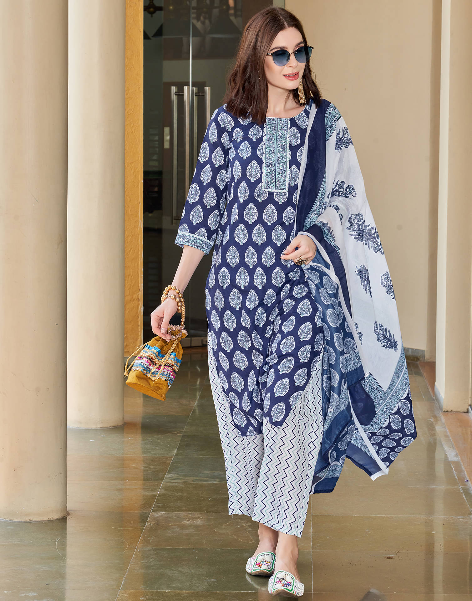     			Skylee Rayon Printed Kurti With Pants Women's Stitched Salwar Suit - Navy Blue ( Pack of 1 )