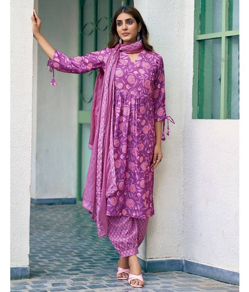     			Skylee Rayon Printed Kurti With Salwar Women's Stitched Salwar Suit - Purple ( Pack of 1 )