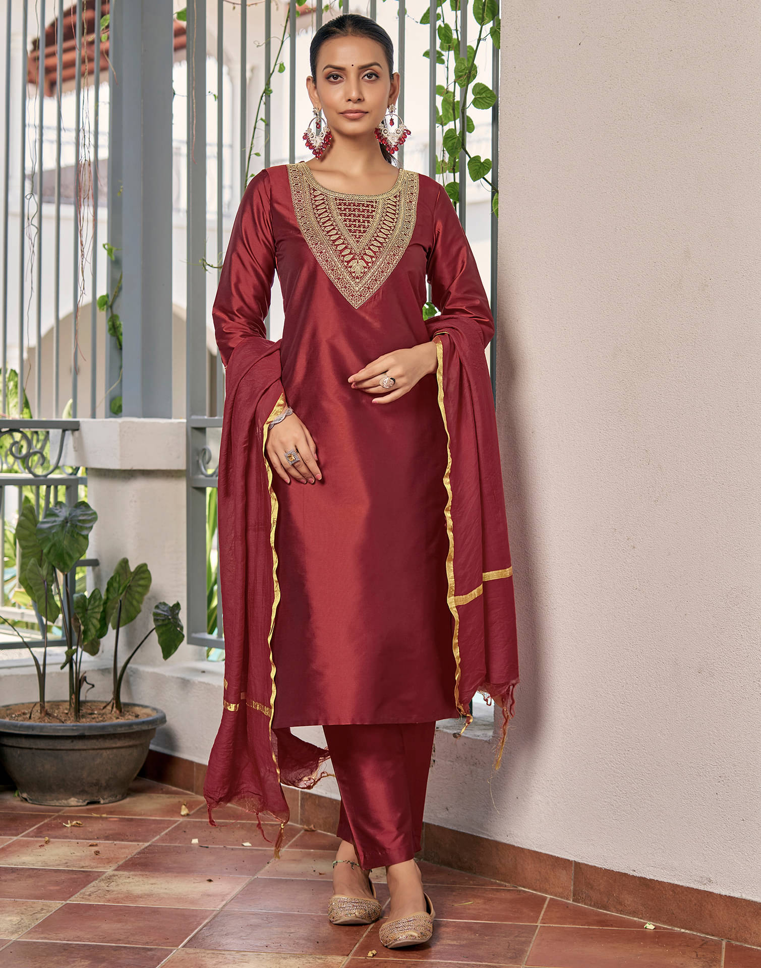 Skylee Silk Blend Embellished Kurti With Pants Women's Stitched Salwar Suit - Maroon ( Pack of 1 ) Skylee Silk Blend Embellished Kurti With Pants Women's Stitched Salwar Suit - Maroon ( Pack of 1 )