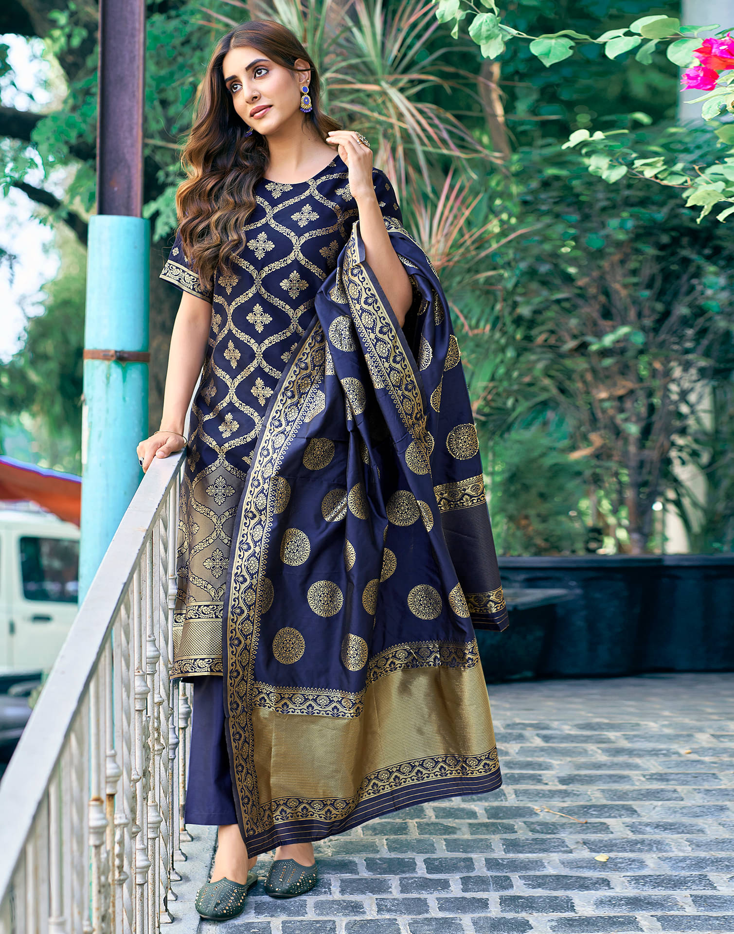Skylee Silk Blend Embellished Kurti With Pants Women's Stitched Salwar Suit - Navy Blue ( Pack of 1 ) Skylee Silk Blend Embellished Kurti With Pants Women's Stitched Salwar Suit - Navy Blue ( Pack of 1 )