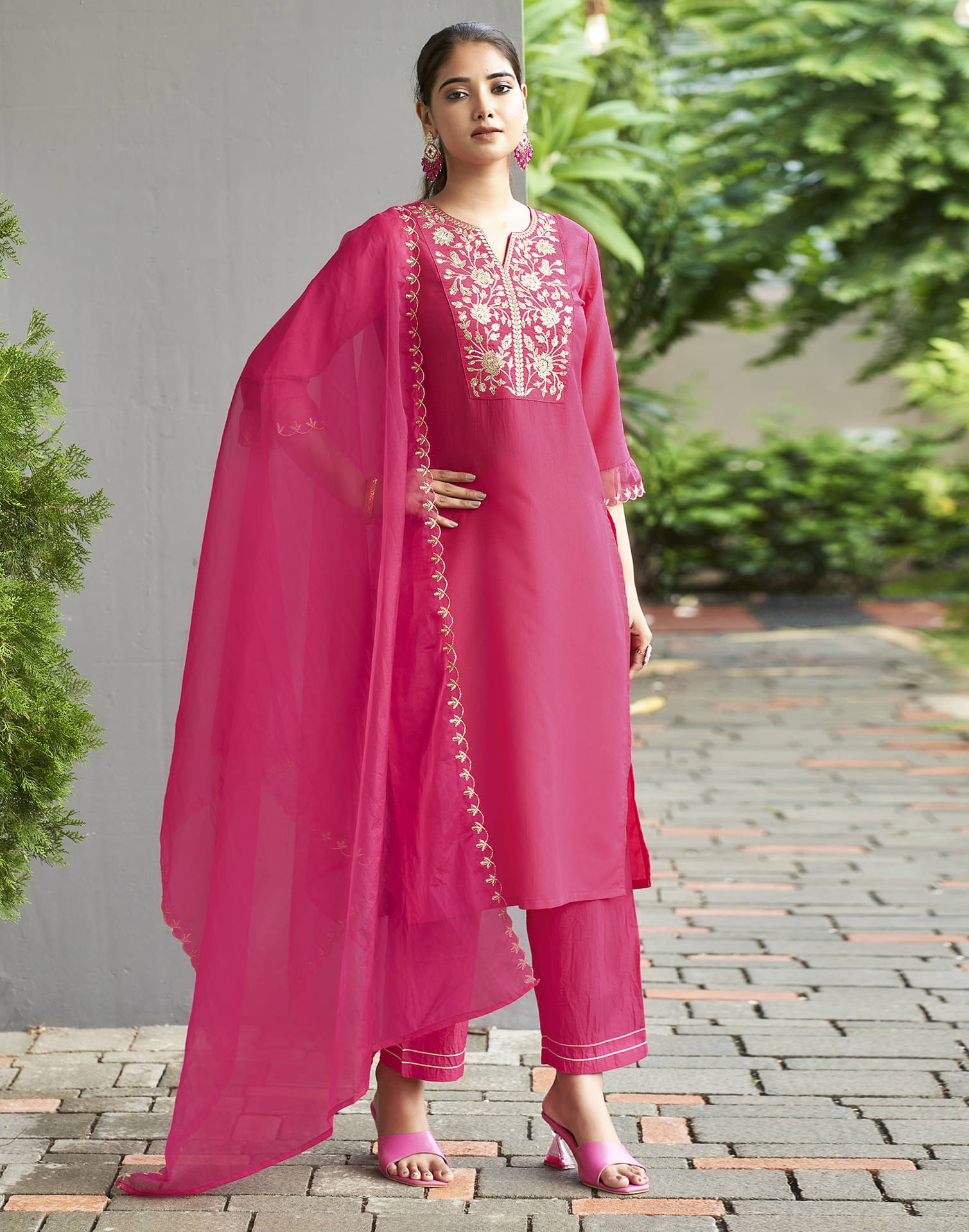     			Skylee Silk Blend Embroidered Kurti With Pants Women's Stitched Salwar Suit - Pink ( Pack of 1 )