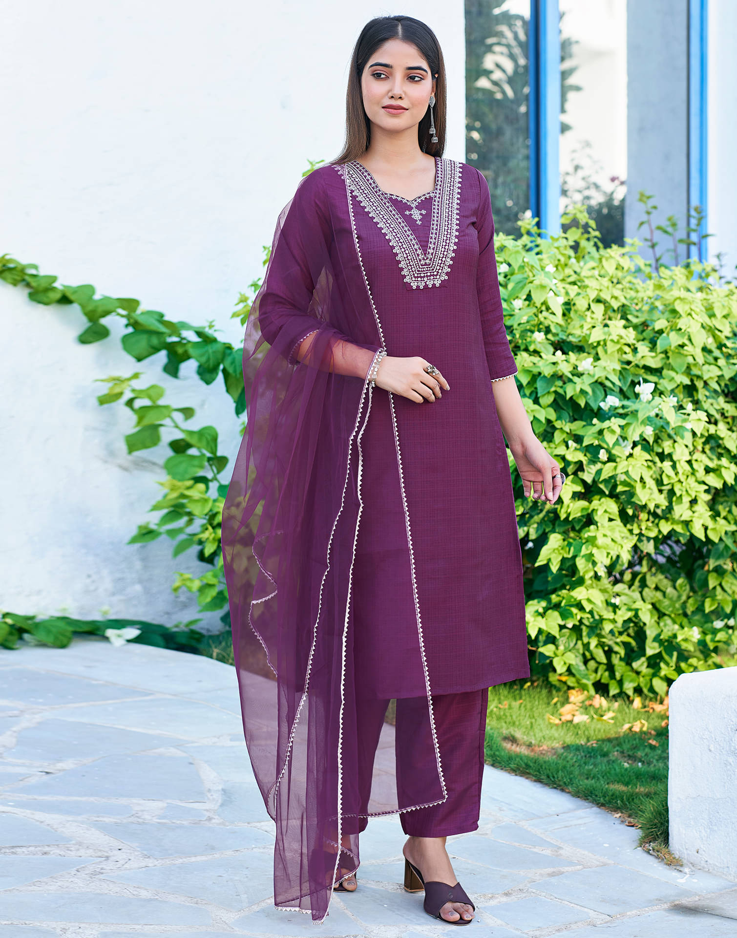     			Skylee Silk Blend Embroidered Kurti With Pants Women's Stitched Salwar Suit - Purple ( Pack of 1 )