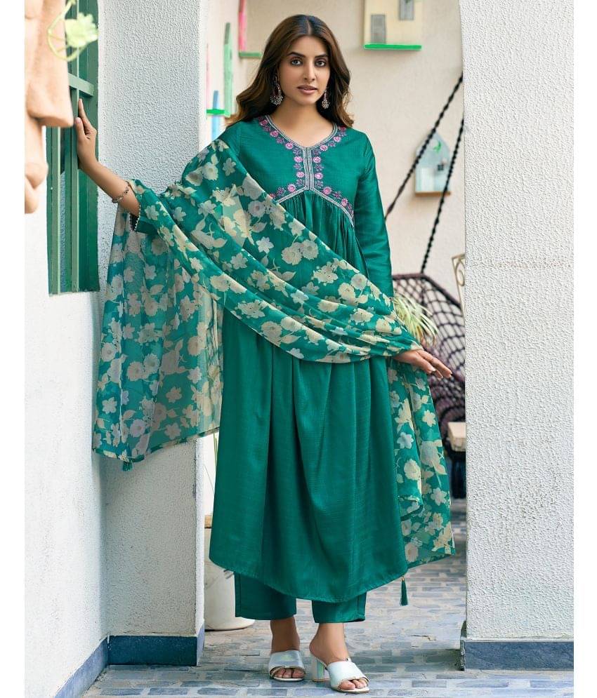 Skylee Silk Blend Embroidered Kurti With Pants Women's Stitched Salwar Suit - Teal ( Pack of 1 ) Skylee Silk Blend Embroidered Kurti With Pants Women's Stitched Salwar Suit - Teal ( Pack of 1 )