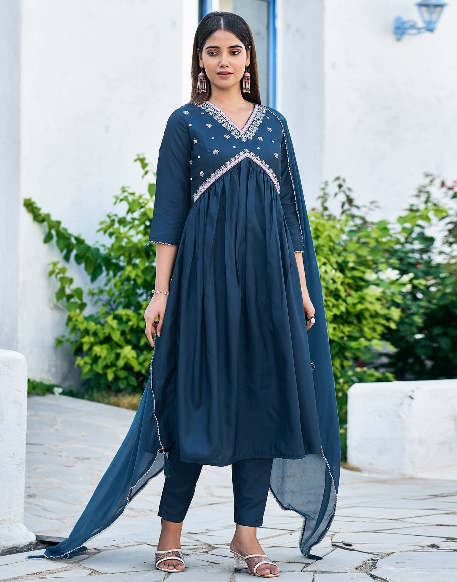     			Skylee Silk Blend Embroidered Kurti With Pants Women's Stitched Salwar Suit - Teal ( Pack of 1 )