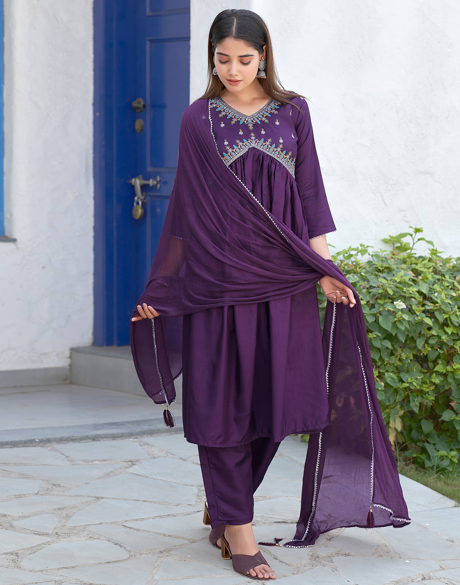     			Skylee Silk Blend Embroidered Kurti With Pants Women's Stitched Salwar Suit - Purple ( Pack of 1 )