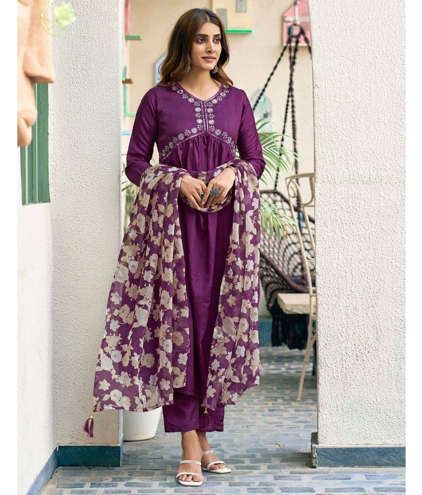 Skylee Silk Blend Embroidered Kurti With Pants Women's Stitched Salwar Suit - Magenta ( Pack of 1 ) Skylee Silk Blend Embroidered Kurti With Pants Women's Stitched Salwar Suit - Magenta ( Pack of 1 )