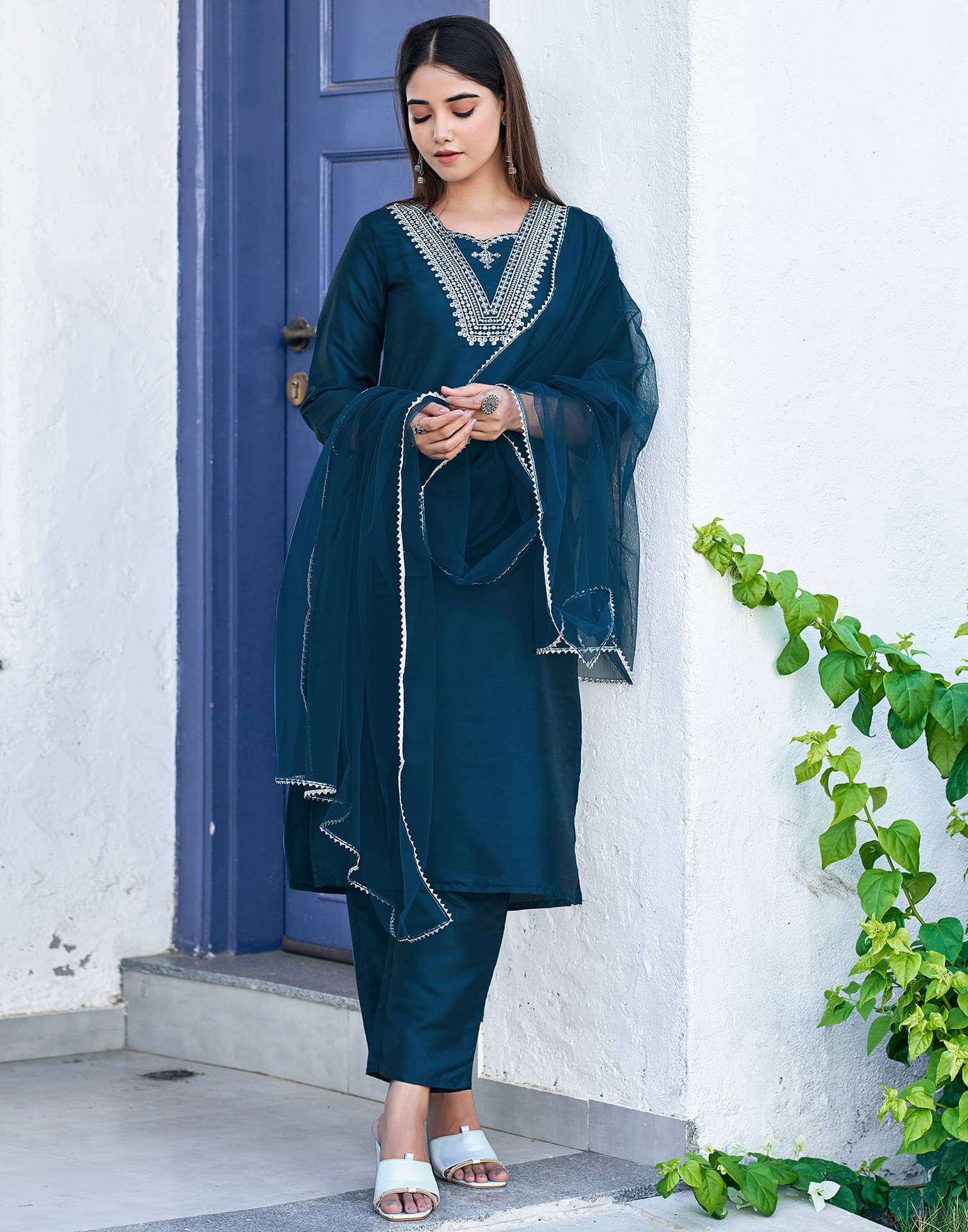 Skylee Silk Blend Embroidered Kurti With Pants Women's Stitched Salwar Suit - Blue ( Pack of 1 ) Skylee Silk Blend Embroidered Kurti With Pants Women's Stitched Salwar Suit - Blue ( Pack of 1 )
