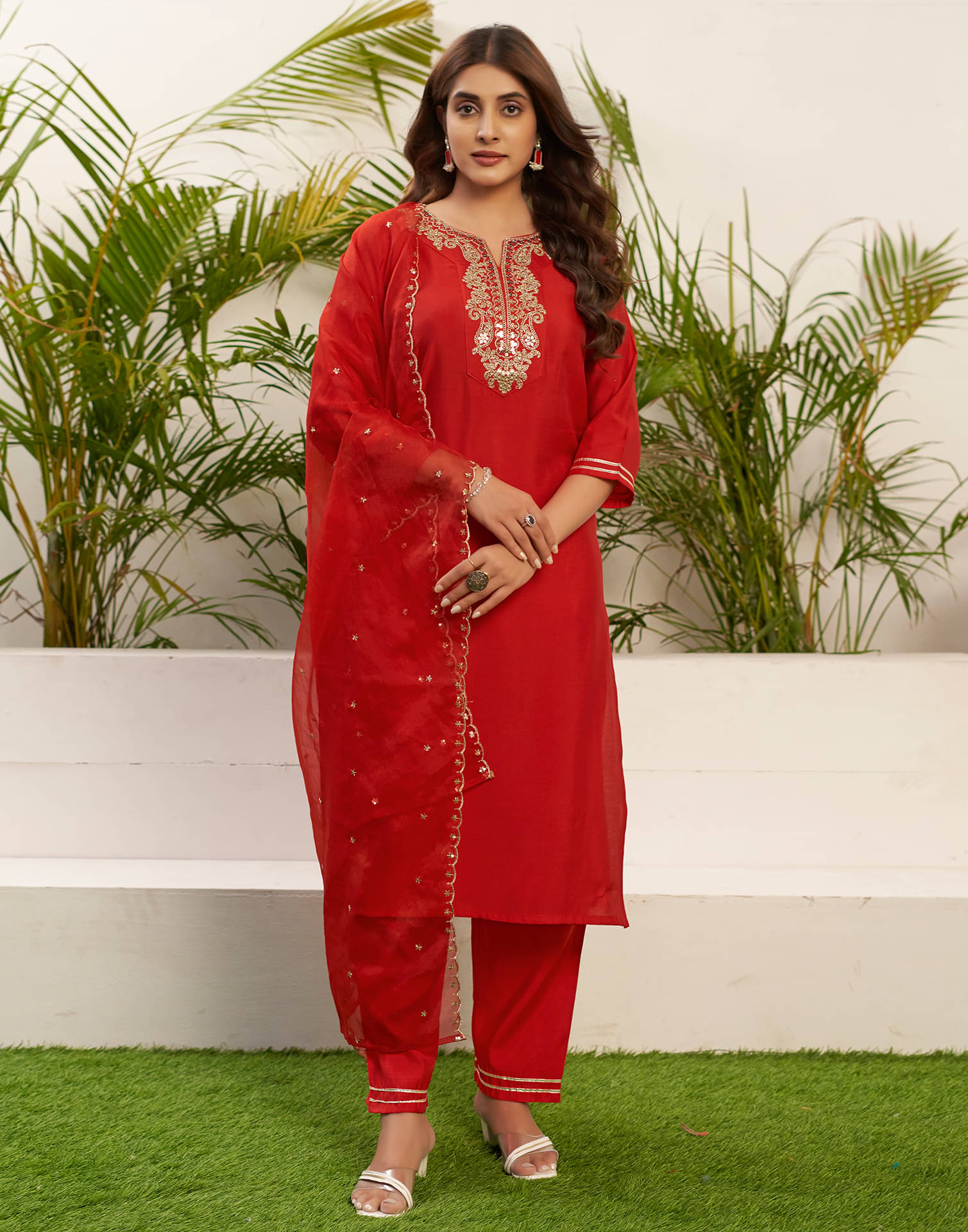 Skylee Silk Blend Embroidered Kurti With Pants Women's Stitched Salwar Suit - Red ( Pack of 1 ) Skylee Silk Blend Embroidered Kurti With Pants Women's Stitched Salwar Suit - Red ( Pack of 1 )