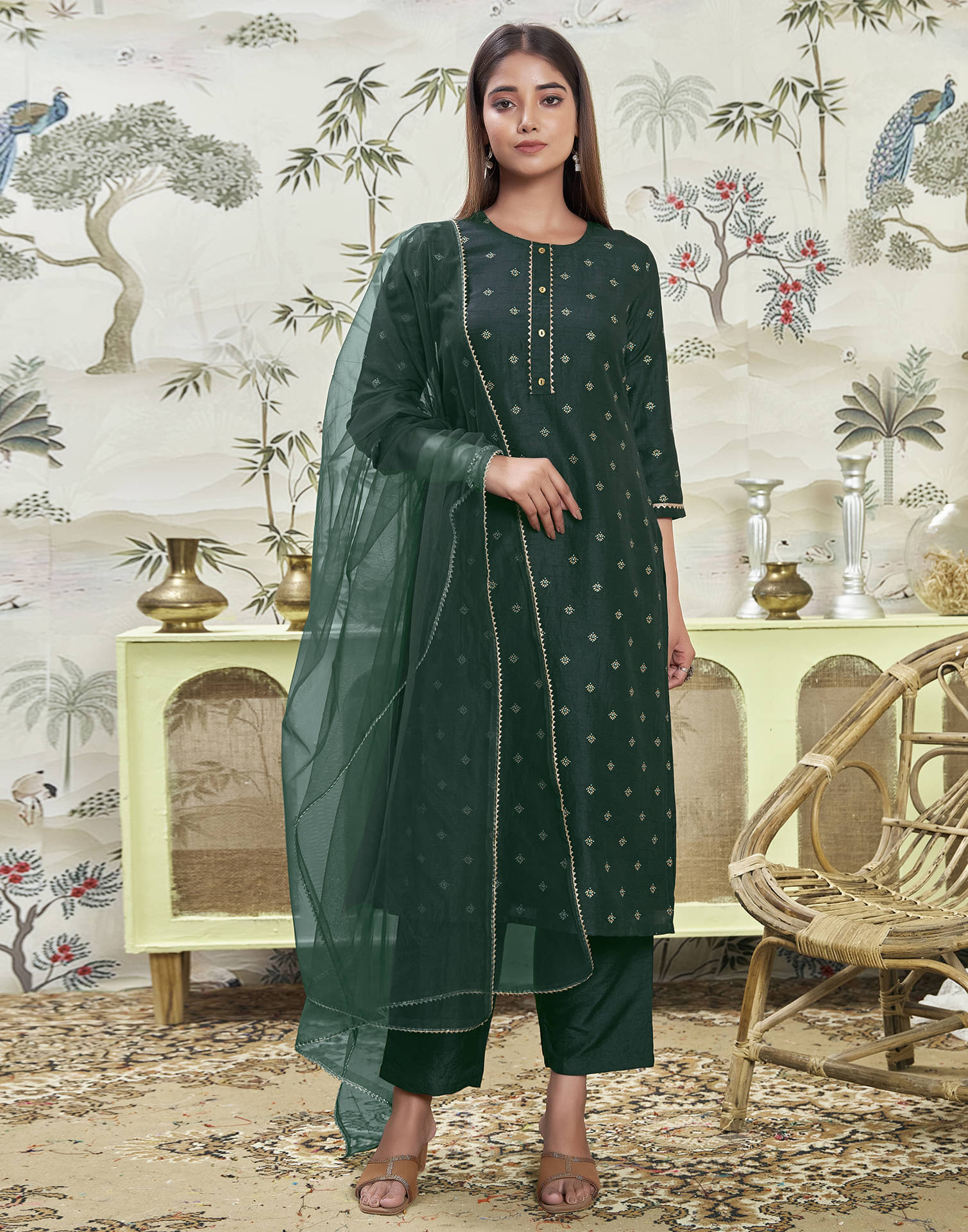     			Skylee Silk Blend Printed Kurti With Pants Women's Stitched Salwar Suit - Green ( Pack of 1 )