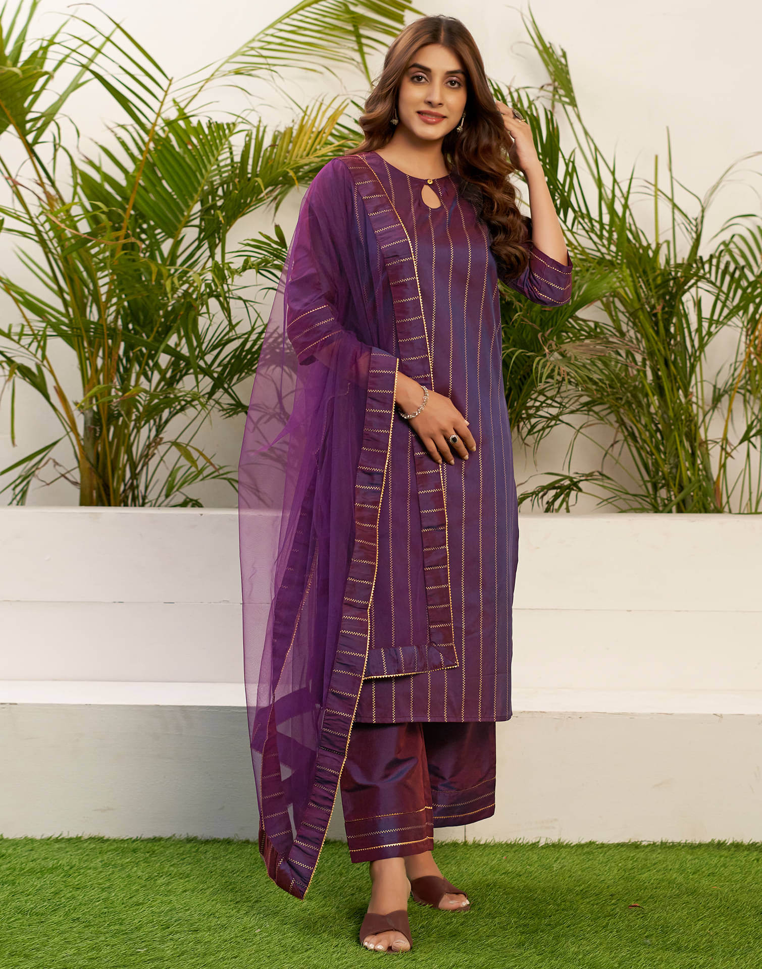     			Skylee Silk Blend Striped Kurti With Pants Women's Stitched Salwar Suit - Purple ( Pack of 1 )