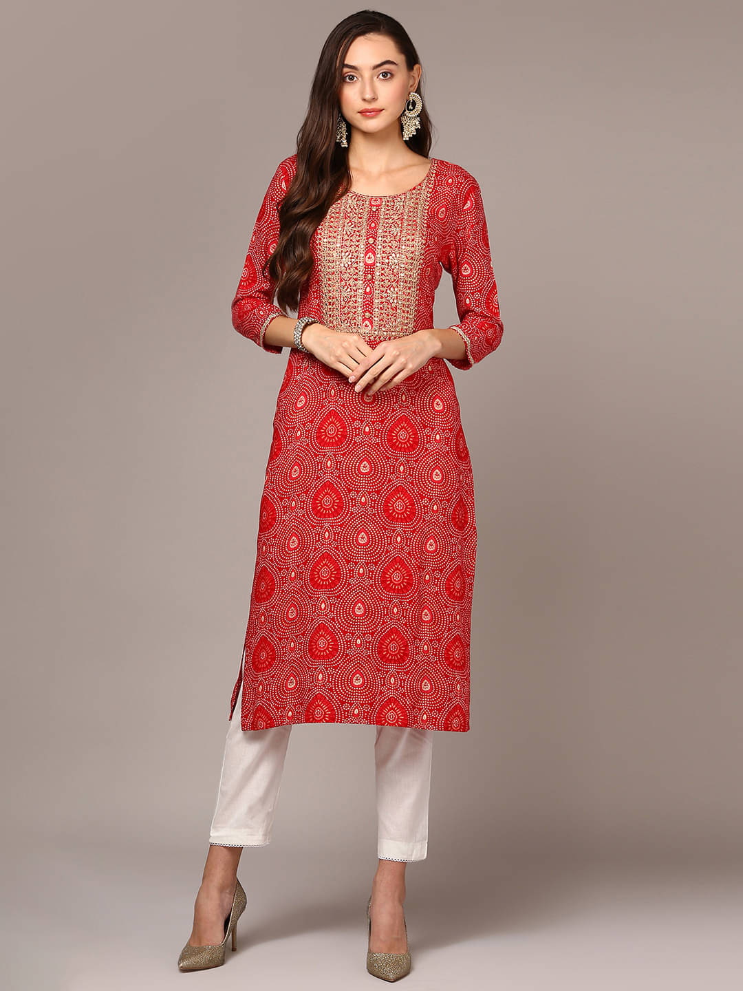Vaamsi Cotton Blend Printed Straight Women's Kurti - Red ( Pack of 1 )     			Vaamsi Cotton Blend Printed Straight Women's Kurti - Red ( Pack of 1 )