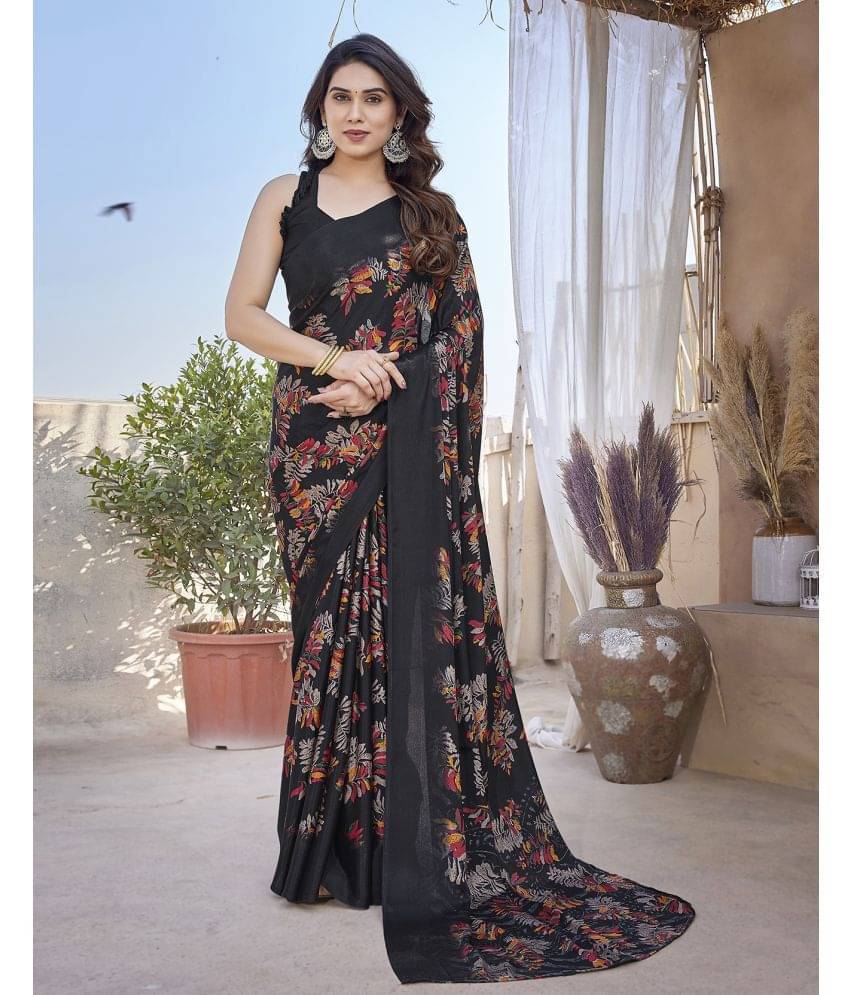 Yashika Silk Blend Printed Saree With Unstitched Blouse Piece ( Black ) Yashika Silk Blend Printed Saree With Unstitched Blouse Piece ( Black )