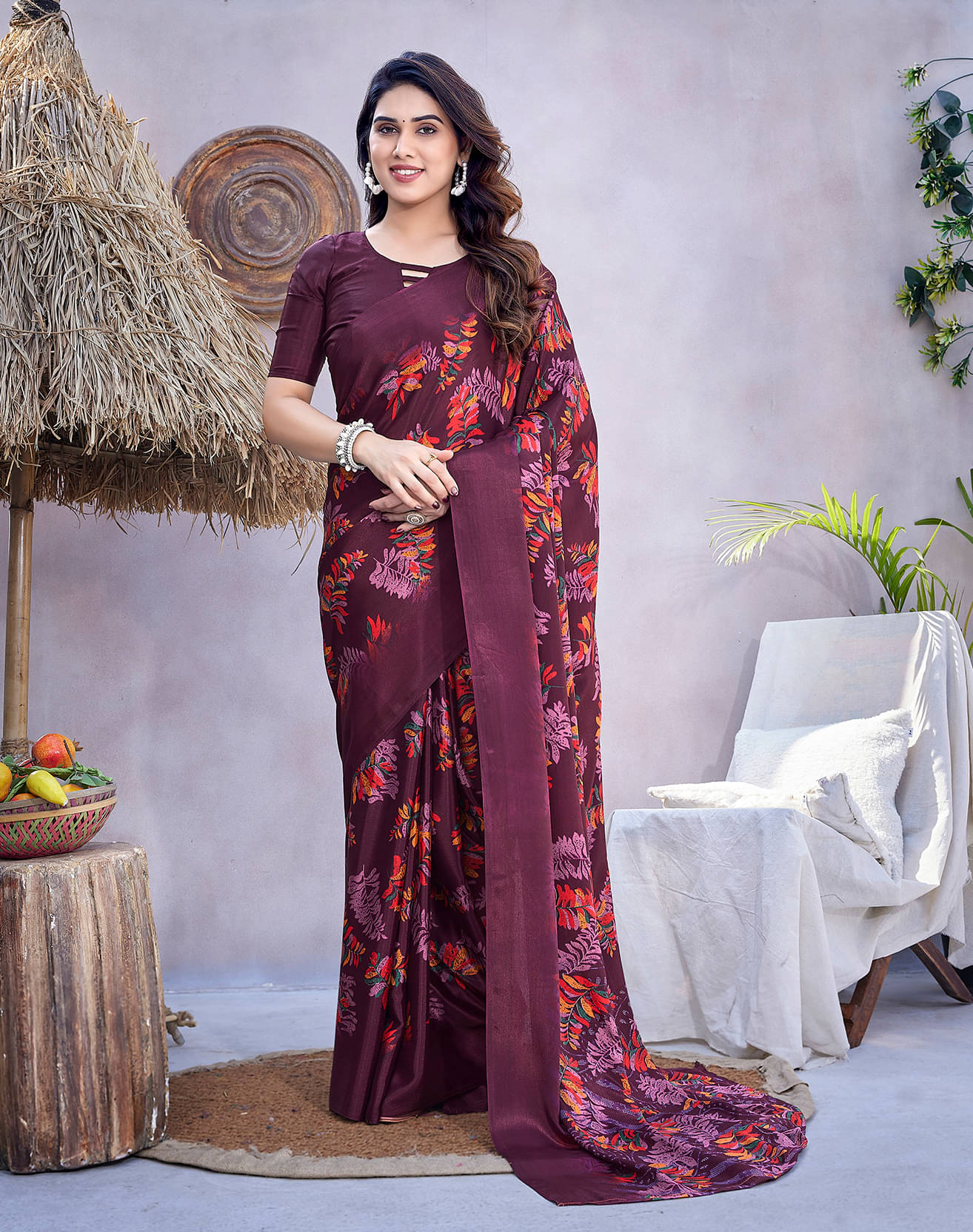 Yashika Silk Blend Printed Saree With Unstitched Blouse Piece ( Purple ) Yashika Silk Blend Printed Saree With Unstitched Blouse Piece ( Purple )