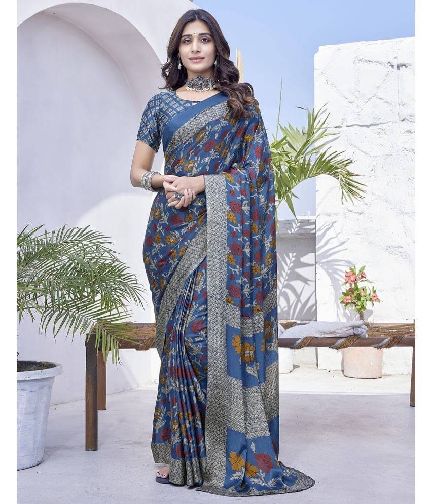 Yashika Silk Blend Printed Saree With Unstitched Blouse Piece ( Blue )     			Yashika Silk Blend Printed Saree With Unstitched Blouse Piece ( Blue )