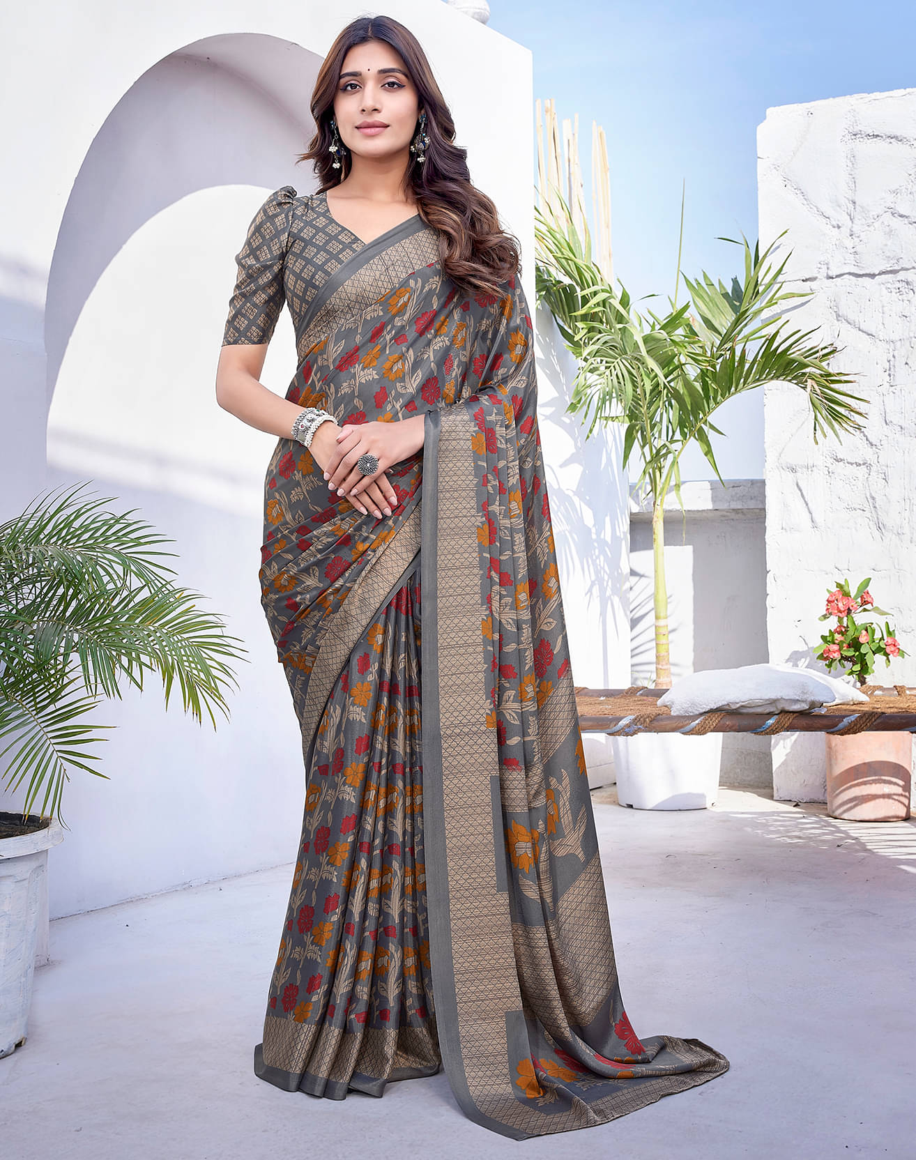 Yashika Silk Blend Printed Saree With Unstitched Blouse Piece ( Grey ) Yashika Silk Blend Printed Saree With Unstitched Blouse Piece ( Grey )
