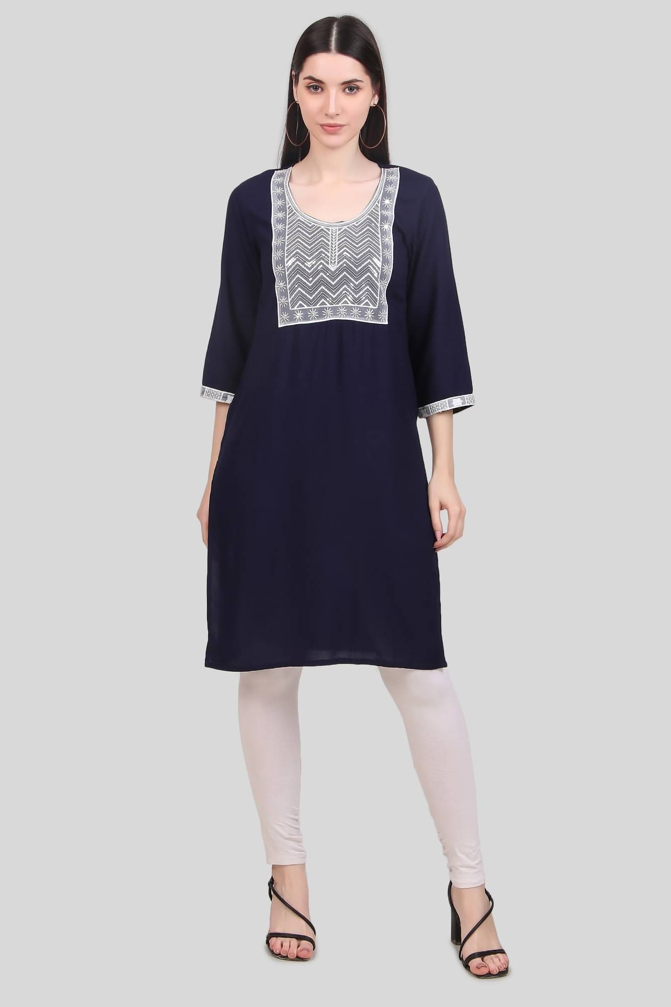 AA R HOSIERY Cotton Embroidered Straight Women's Kurti - Blue ( Pack of 1 ) AA R HOSIERY Cotton Embroidered Straight Women's Kurti - Blue ( Pack of 1 )