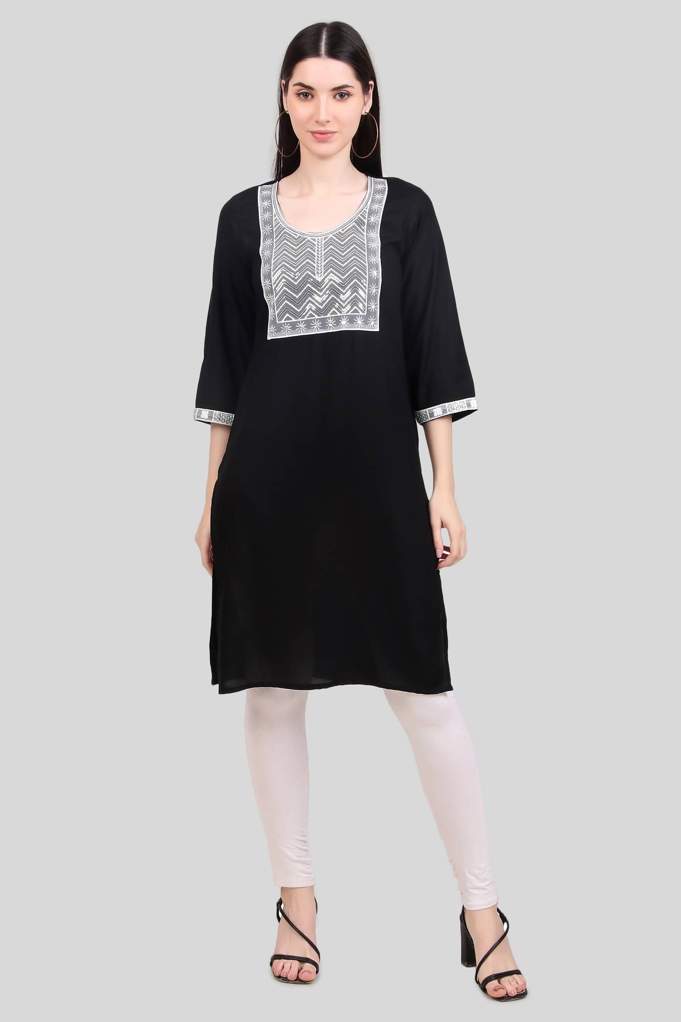 AA R HOSIERY Cotton Embroidered Straight Women's Kurti - Black ( Pack of 1 ) AA R HOSIERY Cotton Embroidered Straight Women's Kurti - Black ( Pack of 1 )