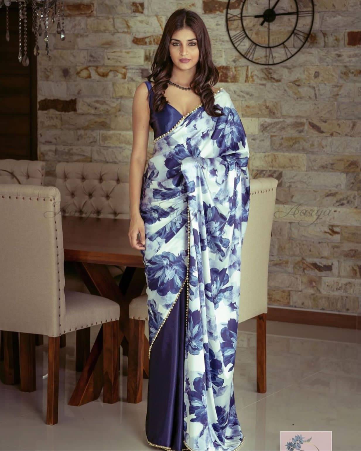 Aika Satin Printed Saree With Unstitched Blouse Piece ( Navy Blue ) Aika Satin Printed Saree With Unstitched Blouse Piece ( Navy Blue )