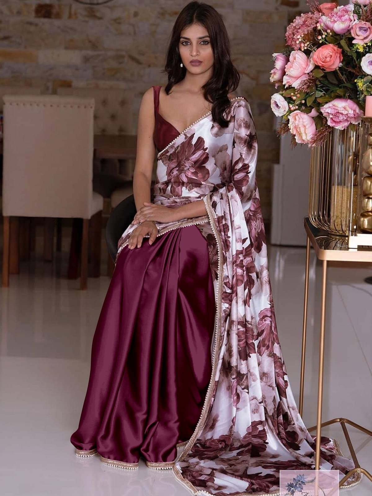 Aika Satin Printed Saree With Unstitched Blouse Piece ( Wine )     			Aika Satin Printed Saree With Unstitched Blouse Piece ( Wine )