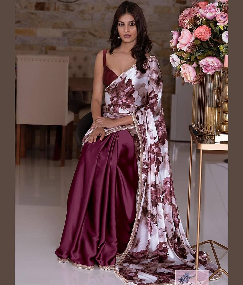 Apnisha Satin Printed Saree With Unstitched Blouse Piece ( Navy Blue ) - Sarees | Buy online on ZillyBuy