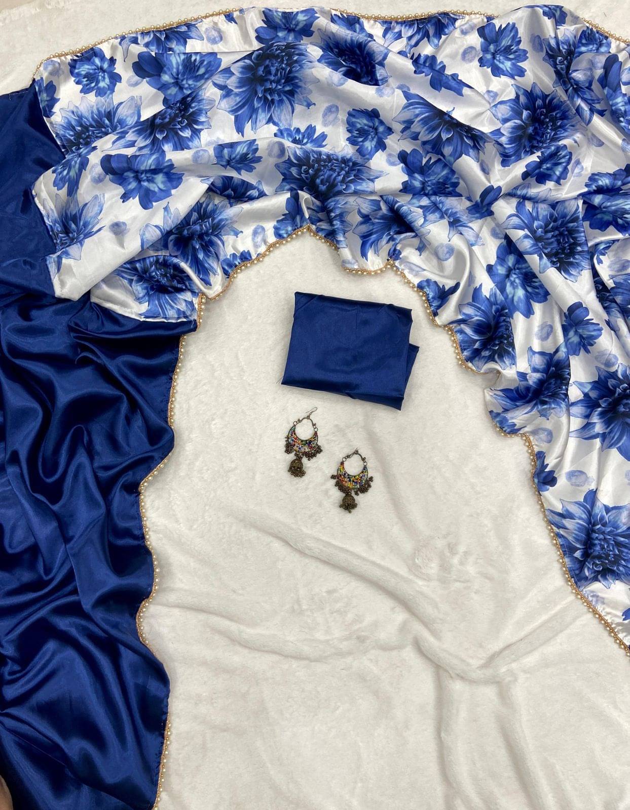     			Apnisha Satin Printed Saree With Unstitched Blouse Piece ( Navy Blue )