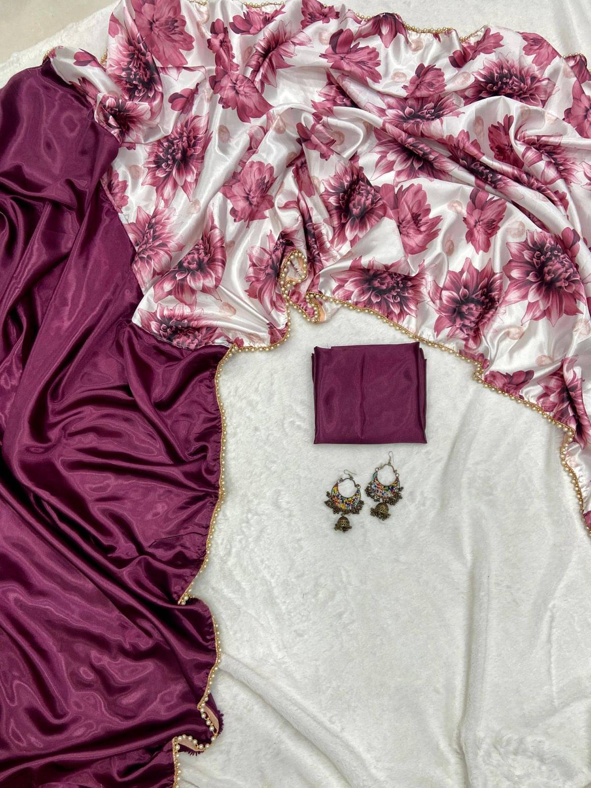 Apnisha Satin Printed Saree With Unstitched Blouse Piece ( Wine ) Apnisha Satin Printed Saree With Unstitched Blouse Piece ( Wine )