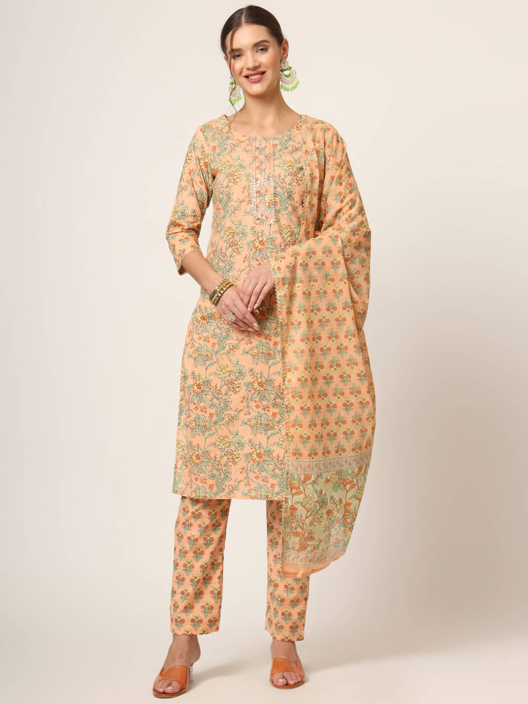     			Divena Cotton Printed Kurti With Pants Women's Stitched Salwar Suit - Peach ( Pack of 1 )