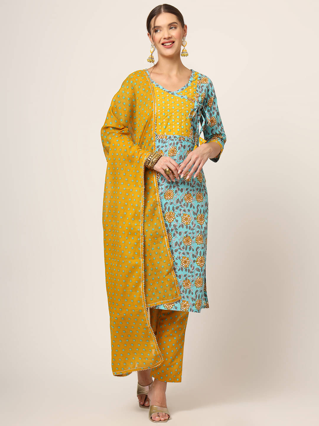     			Divena Cotton Printed Kurti With Pants Women's Stitched Salwar Suit - Blue ( Pack of 1 )