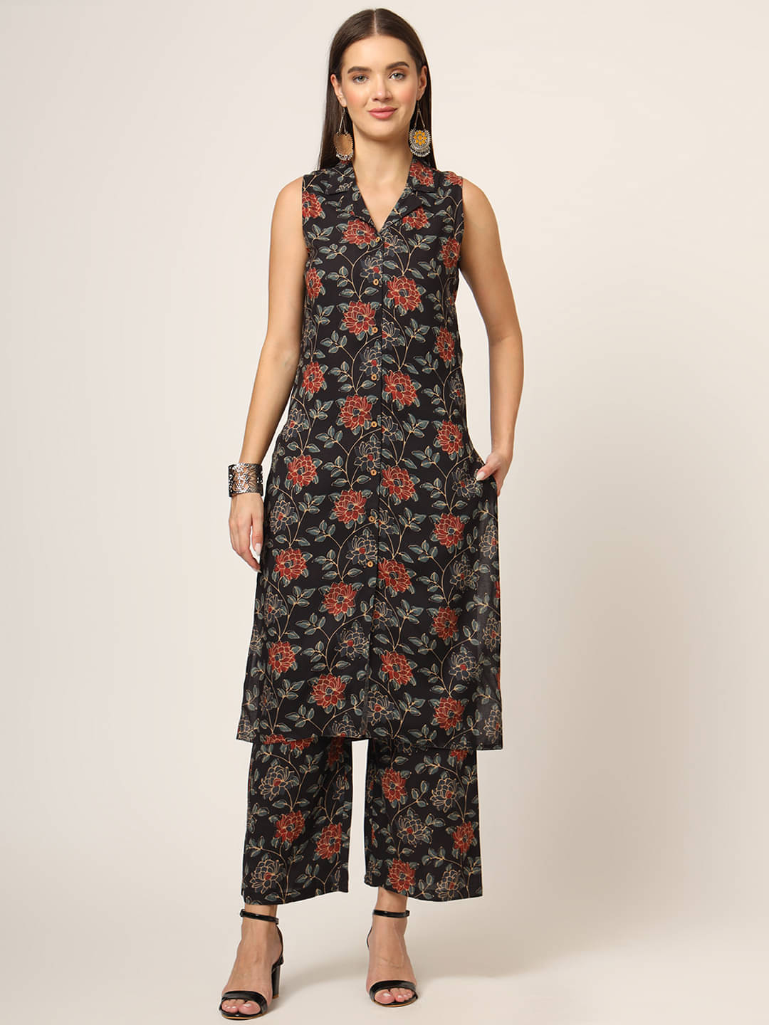     			Divena Rayon Printed Kurti With Palazzo Women's Stitched Salwar Suit - Black ( Pack of 1 )