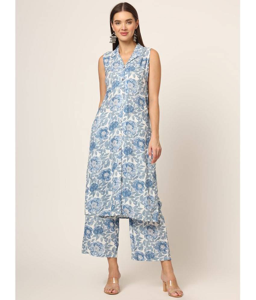 Divena Rayon Printed Kurti With Pants Women's Stitched Salwar Suit - Blue ( Pack of 1 ) Divena Rayon Printed Kurti With Pants Women's Stitched Salwar Suit - Blue ( Pack of 1 )