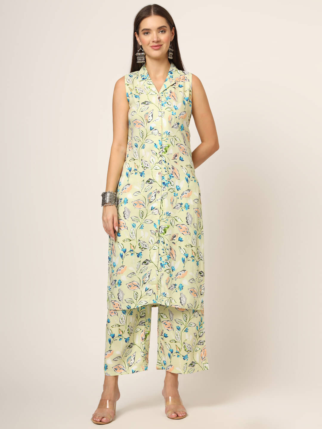     			Divena Rayon Printed Kurti With Palazzo Women's Stitched Salwar Suit - Cream ( Pack of 1 )