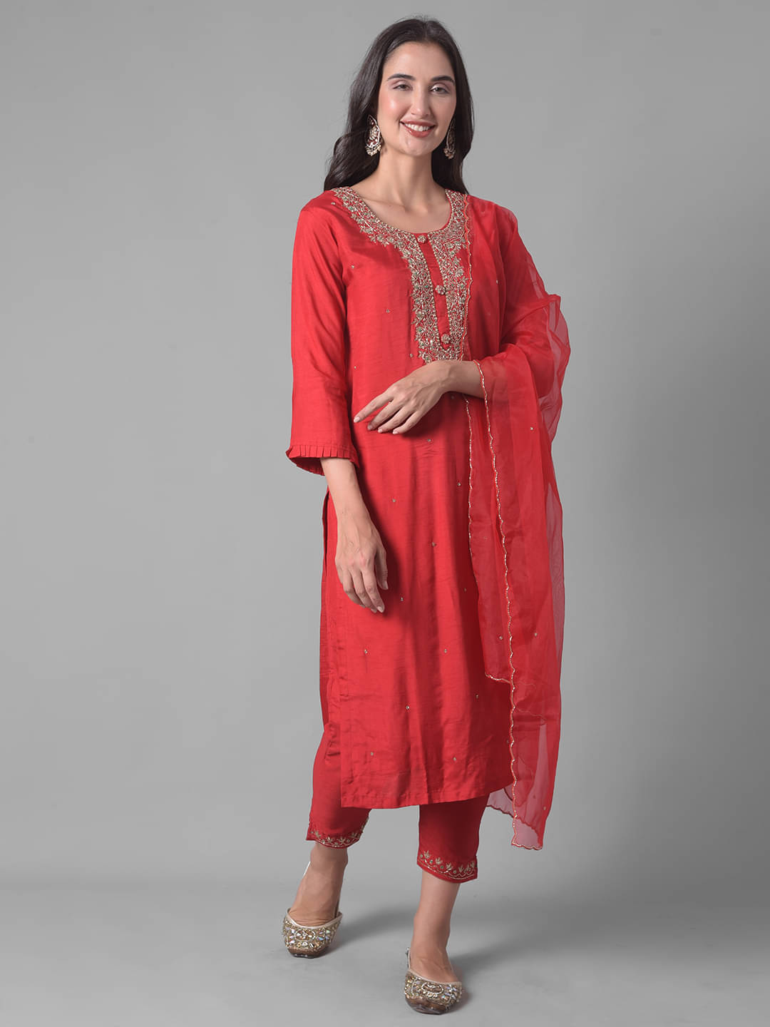     			Dollar Missy Cotton Blend Embellished Kurti With Pants Women's Stitched Salwar Suit - Red ( Pack of 1 )
