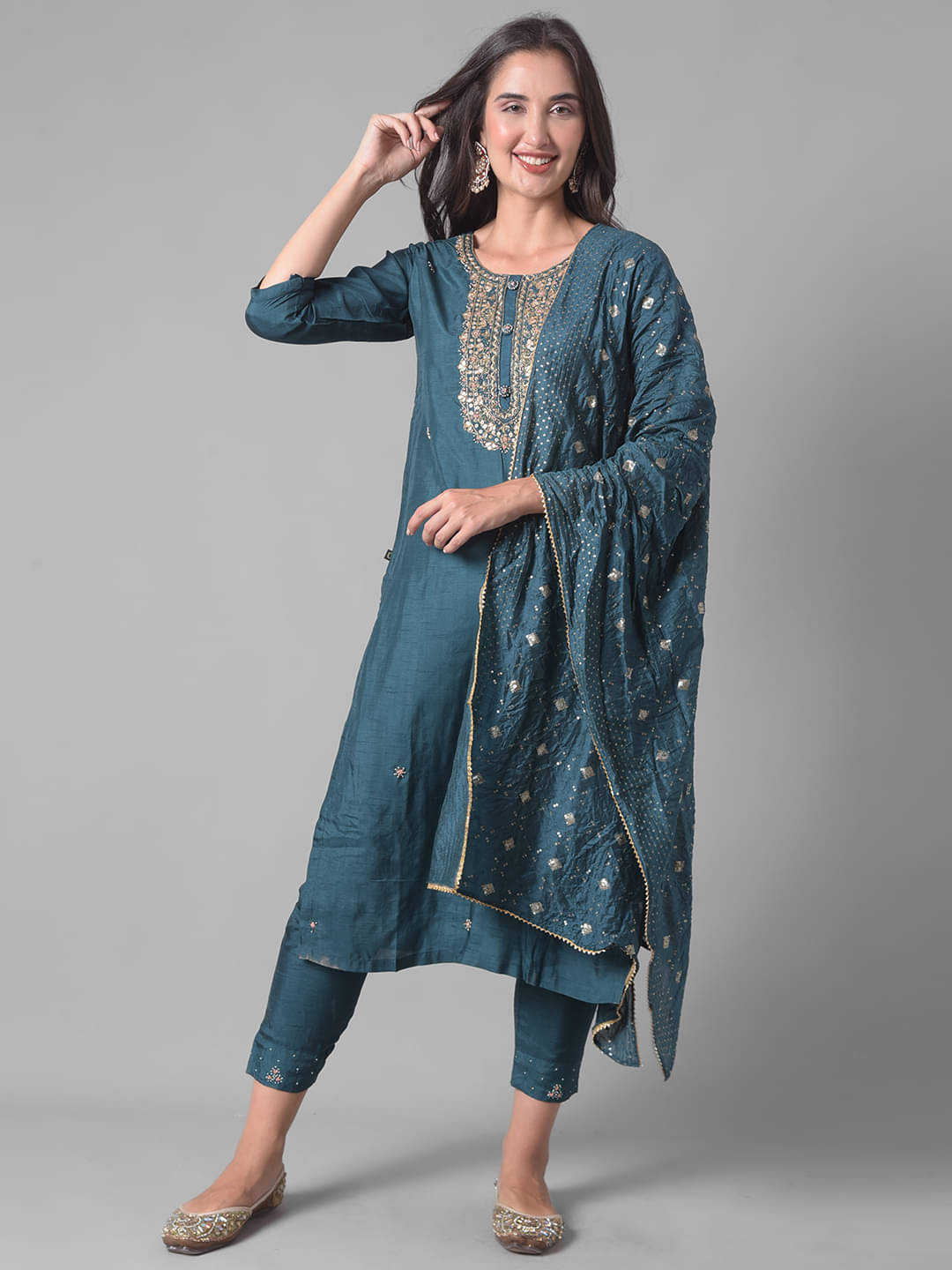     			Dollar Missy Cotton Blend Embellished Kurti With Pants Women's Stitched Salwar Suit - Blue ( Pack of 1 )