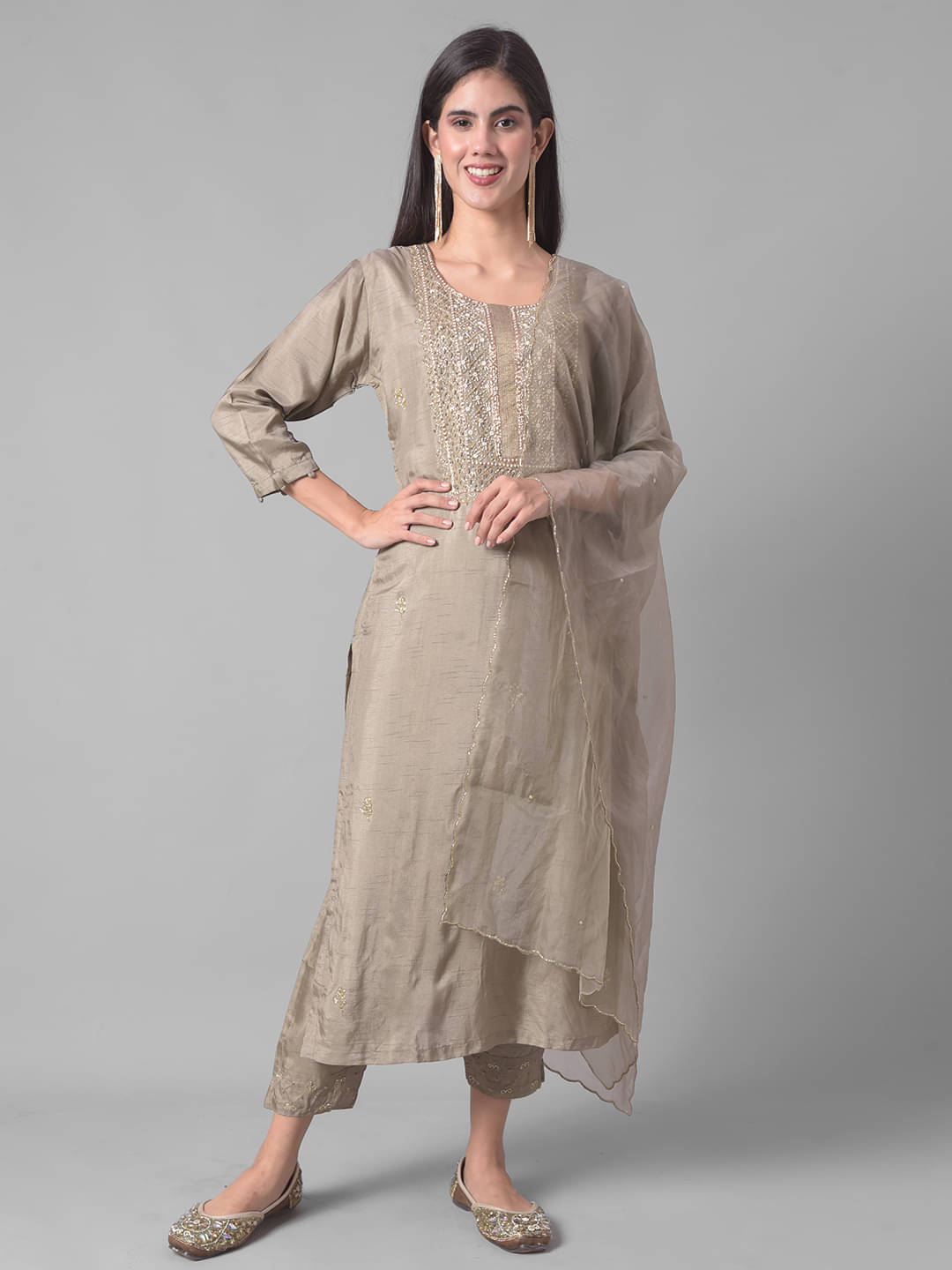     			Dollar Missy Cotton Blend Embellished Kurti With Pants Women's Stitched Salwar Suit - Grey ( Pack of 1 )