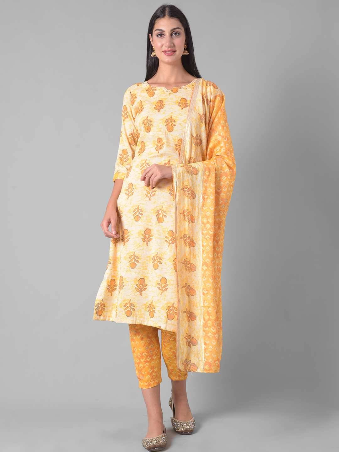     			Dollar Missy Cotton Blend Embroidered Kurti With Pants Women's Stitched Salwar Suit - Yellow ( Pack of 1 )
