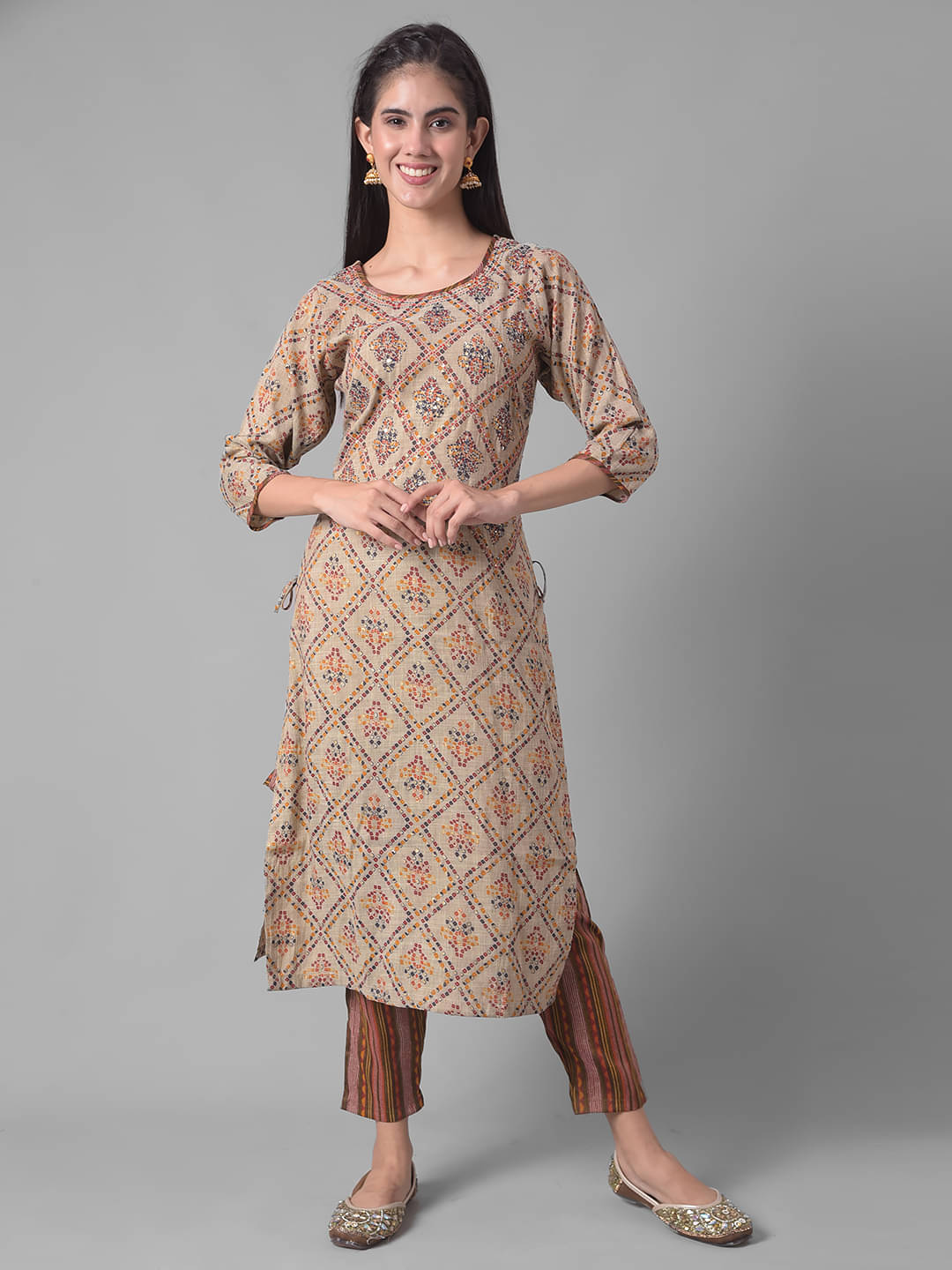     			Dollar Missy Cotton Blend Printed Kurti With Pants Women's Stitched Salwar Suit - Beige ( Pack of 1 )