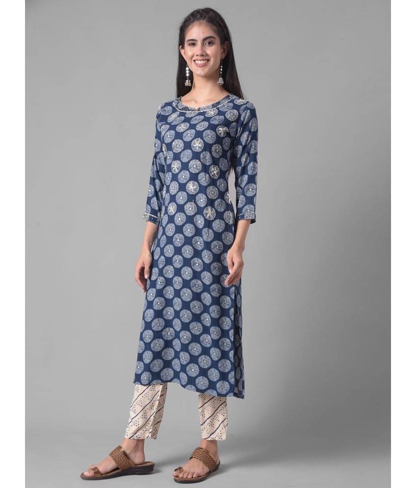 Dollar Missy Cotton Blend Printed Kurti With Pants Women's Stitched Salwar Suit - Blue ( Pack of 1 ) Dollar Missy Cotton Blend Printed Kurti With Pants Women's Stitched Salwar Suit - Blue ( Pack of 1 )