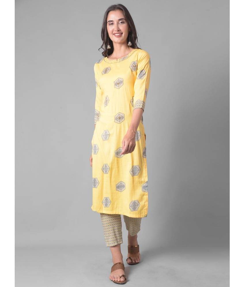     			Dollar Missy Cotton Blend Printed Kurti With Pants Women's Stitched Salwar Suit - Yellow ( Pack of 1 )