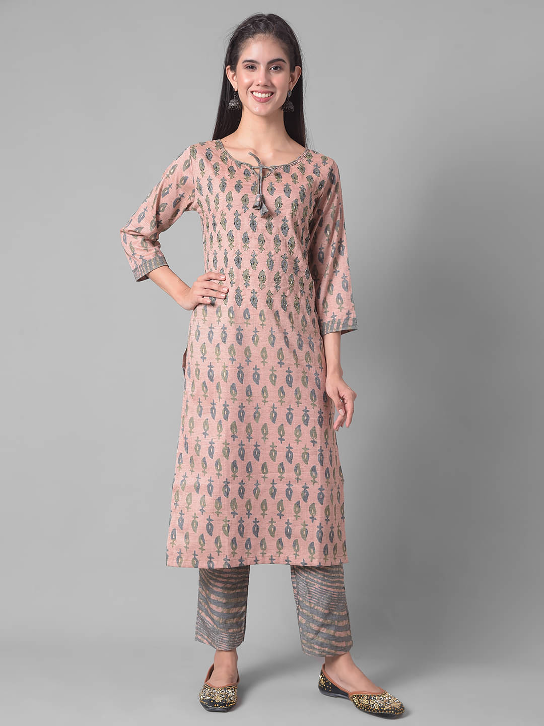     			Dollar Missy Cotton Blend Printed Kurti With Pants Women's Stitched Salwar Suit - Pink ( Pack of 1 )