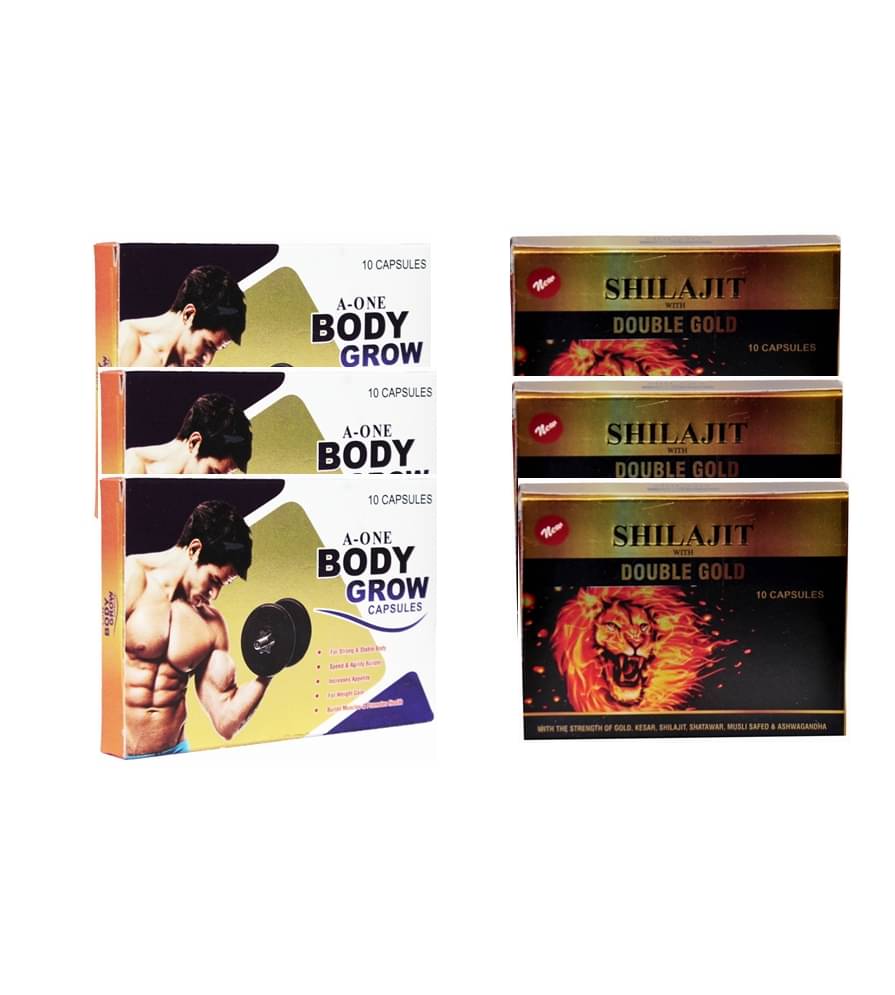 Dr. Chopra Shialjit With Double Gold Capsule 30 & GG A-One Body Grow Cap30 10 no.s Unflavoured Pack of 3 Dr. Chopra Shialjit With Double Gold Capsule 30 & GG A-One Body Grow Cap30 10 no.s Unflavoured Pack of 3