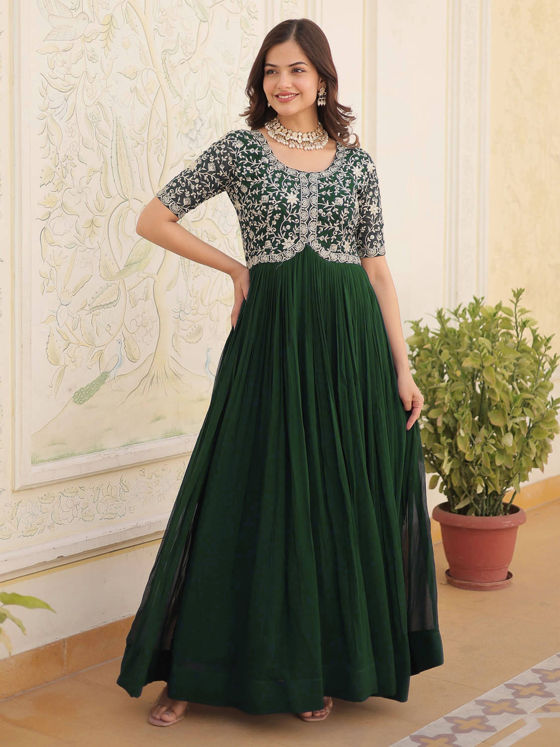 Estela Georgette Embroidered Flared Women's Kurti - Green ( Pack of 1 ) Estela Georgette Embroidered Flared Women's Kurti - Green ( Pack of 1 )