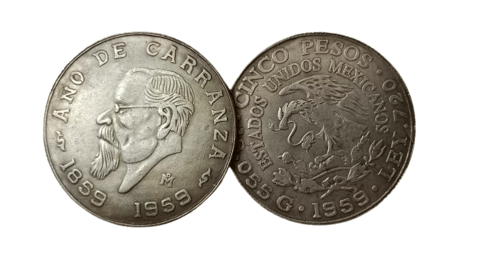     			Extremely Rare Mexico 5 Pesos Centennial of Carranza's Birth 1959 Coin - Hard to Find