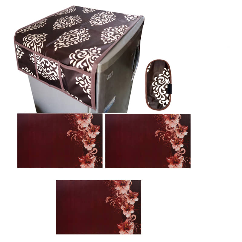 Fabolic Polyester Floral Fridge Mat & Cover ( 93 53 ) Pack of 5 - Brown
