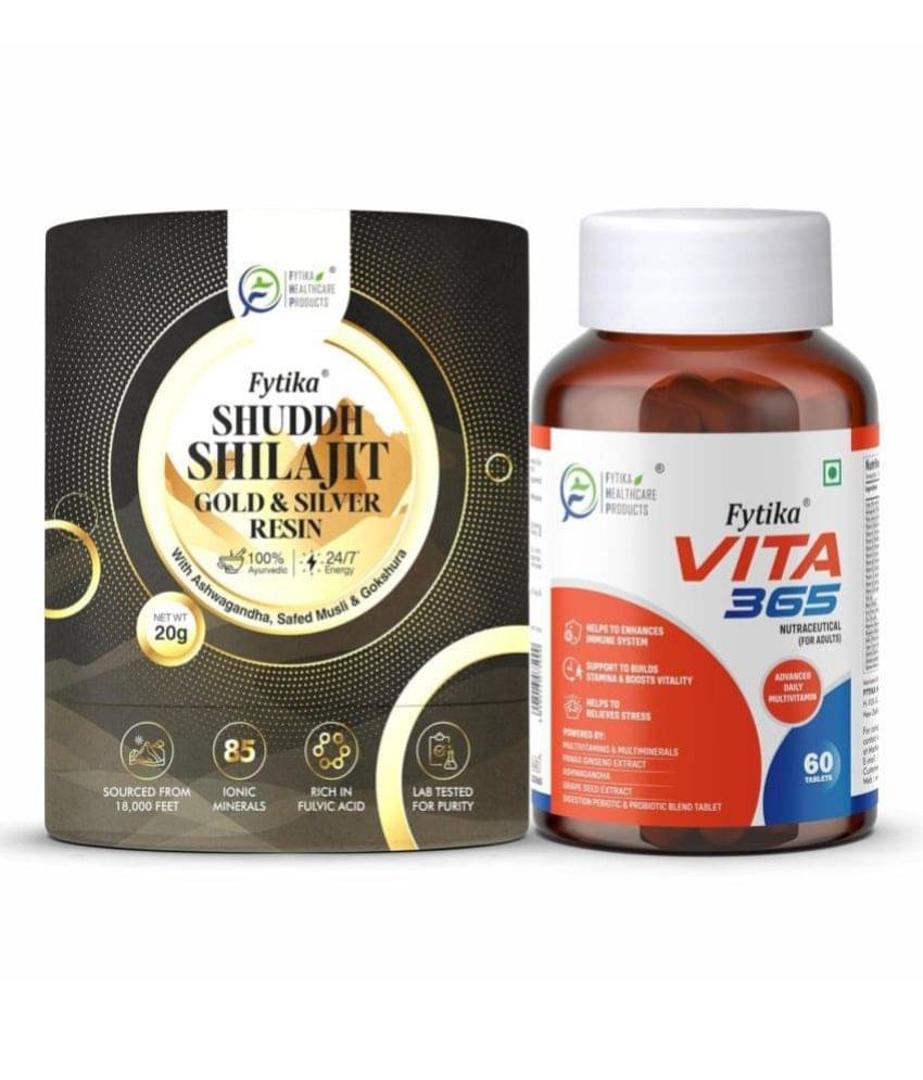 Fytika Ultimate Energy Combo - Fytika Shuddh Shilajit Gold and Silver Resin - 20G + Vita 365 - 60 Tablets - Boosts Energy, Stamina, Combats Lethargy | For Men and Women Fytika Ultimate Energy Combo - Fytika Shuddh Shilajit Gold and Silver Resin - 20G + Vita 365 - 60 Tablets - Boosts Energy, Stamina, Combats Lethargy | For Men and Women