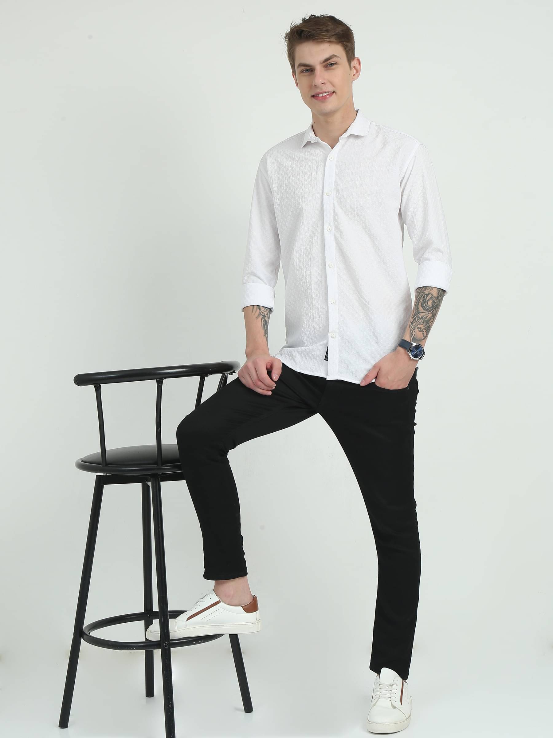 HETIERS Cotton Blend Regular Fit Self Design Full Sleeves Men's Casual Shirt - White ( Pack of 1 ) HETIERS Cotton Blend Regular Fit Self Design Full Sleeves Men's Casual Shirt - White ( Pack of 1 )