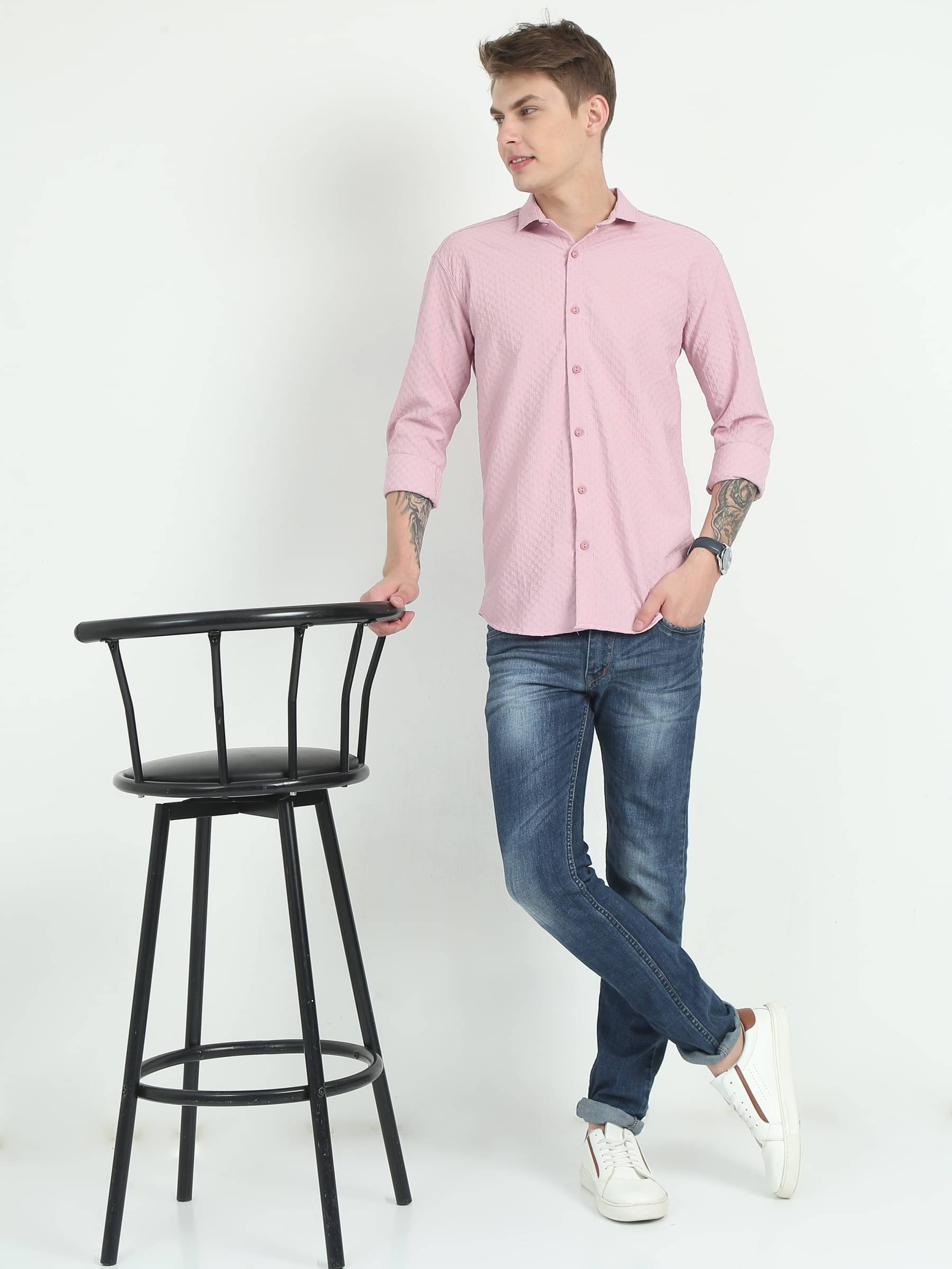     			HETIERS Cotton Blend Regular Fit Self Design Full Sleeves Men's Casual Shirt - Pink ( Pack of 1 )